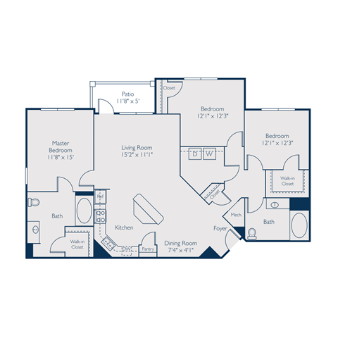 Floor plan for 3 beds, 2 baths, 1527 sqft